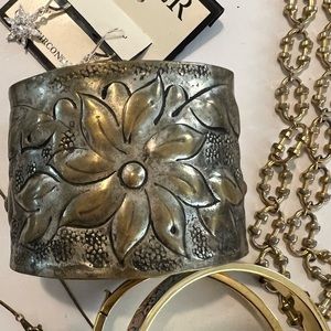 Bohemian Sterling Silver & Brass big Starburst flower Wide cuff Bangle bracelet